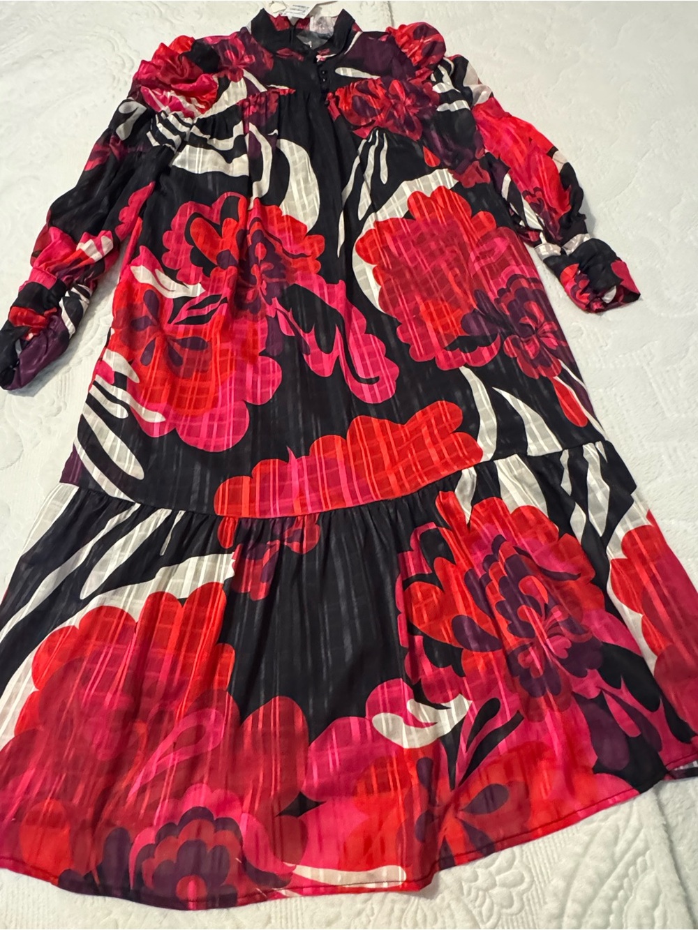 Long Sleeve Floral Midi Dress in Black & Red with Belt (Ciebon/Nordstrom)